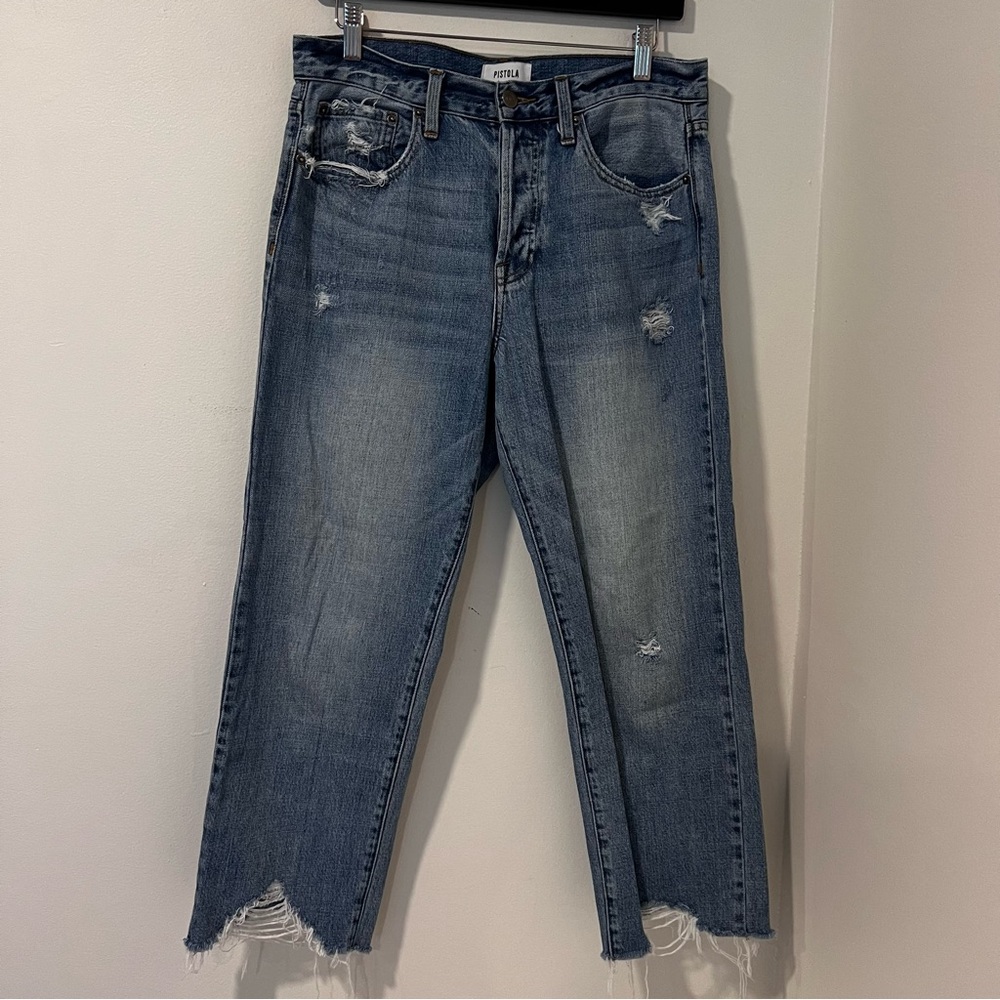 Pistola Women’s Jeans light Wash Distressed Raw Hem Cropped Straight Leg